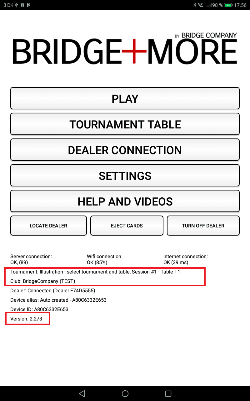 app main menu - server , tournament and version number