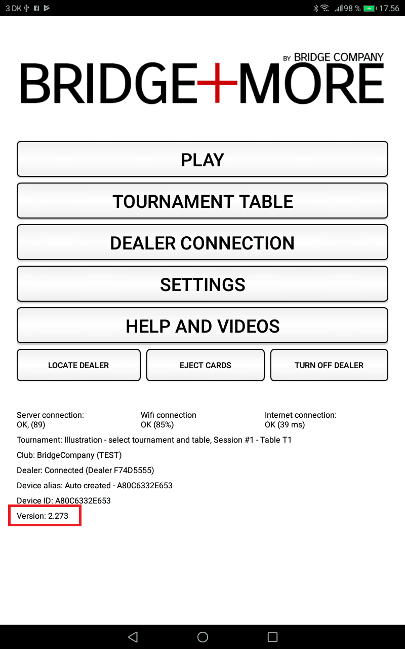 app main menu - version number